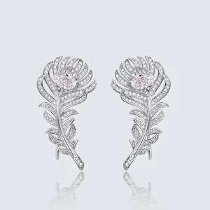 Luxurious S925 Sterling Silver Feather Stud Earrings Sparkling Zirconia Inlaid Feather Earrings For Women Elegant Fashion Earring Jewelry