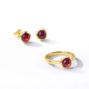 Elegant S925 gilded silver jewelry set with oval cabochon red gemstones and earrings