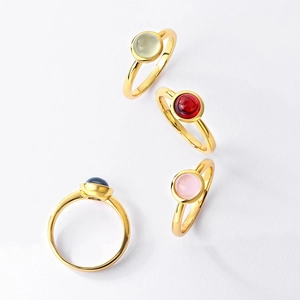 Minimalist S925 sterling silver rings with colorful oval gemstones in 10K gold plating