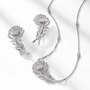 Sparkling S925 silver feather jewelry set with oval high-carbon diamonds and micro-pavé stones