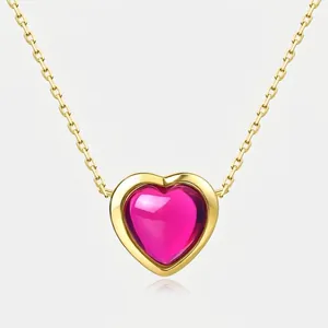 S925 Sterlingsilber Rosa Roter Korund Herz Anhänger Halskette Für Damen 10K Vergoldet Emaille Schlüsselbeinkette Schmuck Geschenk