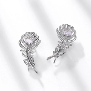 Peather-shaped S925 silver stud earrings with pink purple stone and sparkling diamonds