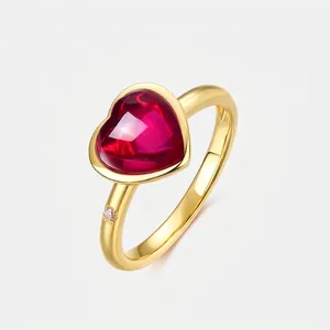 925 Sterling Silver 10K Gold Plated Heart Ring Red Corundum Rhinestone Inlaid Minimalist Light Luxury Jewelry For Women