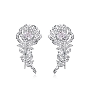 Exquisite S925 sterling silver feather earrings featuring high-carbon diamond crystals