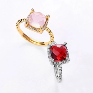 Adjustable S925 silver rings with colorful cushion-cut gemstones and twisted bands