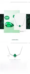 Macro shot of V-shaped S925 silver necklace with square lab-grown emerald and zircon