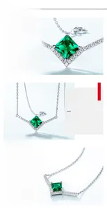 Macro detail of square-cut emerald pendant with S925 silver craftsmanship