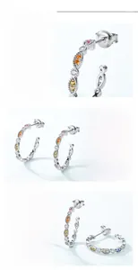 Detailed view of S925 silver hoop earrings with multicolored marquise cubic zirconia stones