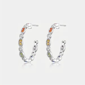 925 Sterling Silver Rainbow Zirconia Hoop Earrings Multicolor Geometric C Shaped Small Stud Earrings For Women Fashion Jewelry
