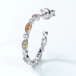S925 silver C-shaped hoop earrings with colorful rainbow cubic zirconia stones