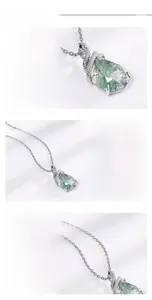 Detailed view of S925 silver coiled snake pendant with natural green moss agate drop
