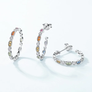 Elegant S925 silver rainbow gemstone jewelry set with colorful zircon hoop earrings and ring
