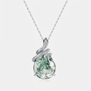 Vintage 925 Sterling Silver Snake Pendant Necklace For Women Natural Green Moss Agate Waterdrop Stone Mysterious Animal Jewelry