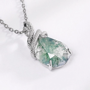 S925 sterling silver snake pendant necklace with teardrop natural green moss agate stone
