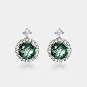 Elegant 925 Sterling Silver Moss Agate Stud Earrings With Zirconia For Women Natural Texture Geometric Jewelry Gift