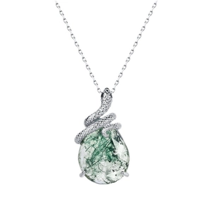 S925 silver coiled snake necklace with teardrop moss agate pendant on a thin link chain