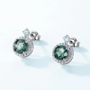 S925 silver stud earrings featuring natural moss agate and iridescent opal accents