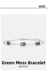Detailed macro view of S925 silver bracelet featuring three rectangular moss agate stones