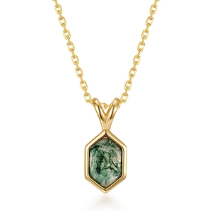 Zeshoekige mosagaat hanger met vergulde ketting voor dames