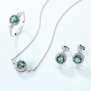 Natural moss agate jewelry set including silver ring, necklace and stud earrings