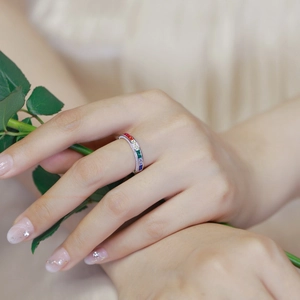 Rainbow cubic zirconia S925 silver ring featuring gradient multi-color baguette stones