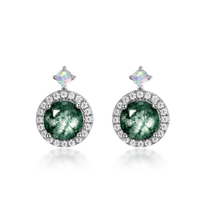 Retro S925 silver stud earrings with natural green moss agate and opal stones