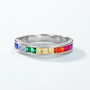 Rainbow gemstone S925 silver ring with multi-color square zircon and side pavé detailing