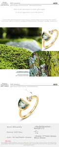 Detail of S925 silver ring featuring 5x7mm green moss agate and gold plating specs