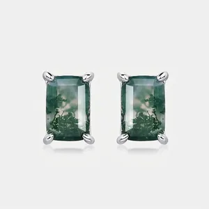 Natural Moss Agate Stud Earrings With 925 Sterling Silver Earring Post Rectangular Green Gemstone Claw Set Elegant Jewelry For Women