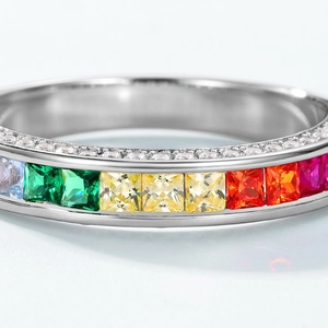 Rainbow cubic zirconia ring in S925 silver with square cut colorful gemstones