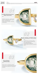 Detail view of gold-plated S925 silver ring featuring half-moon green moss agate stone