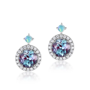 S925 silver alexandrite halo stud earrings with round faceted stones and opal accents