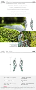 Macro detail of leaf-shaped S925 silver earrings with green moss agate stones