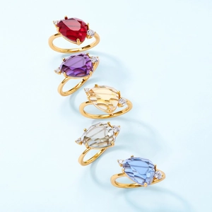 S925 silver rings with pear-cut synthetic crystals in five colors and golden band