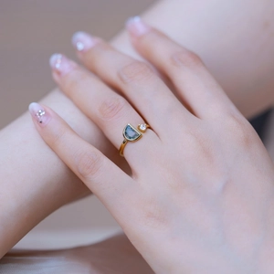 S925 silver gold-plated ring featuring green moss agate stone and small zircon accents