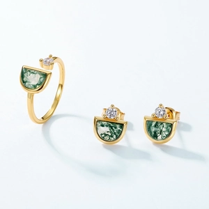 S925 silver gold-plated jewelry set with natural green moss agate ring and stud earrings