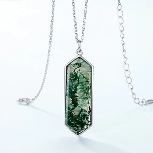 S925 silver necklace with hexagonal moss agate pendant featuring green inclusions