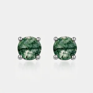 925 Sterling Silver Natural Moss Agate Stud Earrings Round 6mm Green Stone Earrings For Women Elegant Jewelry Gift