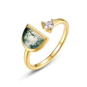 Adjustable gold plated S925 silver ring with natural green moss agate and zircon