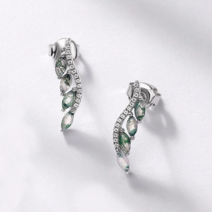 S925 silver leaf earrings featuring moss agate stones and sparkling white zircons