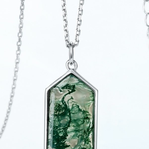 Elegant S925 silver necklace featuring a hexagonal natural green moss agate pendant