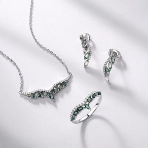 S925 silver jewelry set with marquise green moss agate leaf necklace, ring and earrings