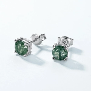 S925 sterling silver stud earrings with round green moss agate in classic 4-prong setting