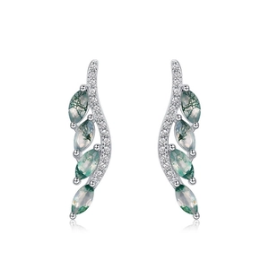 S925 silver leaf earrings with marquise moss agate and sparkling pavé accents
