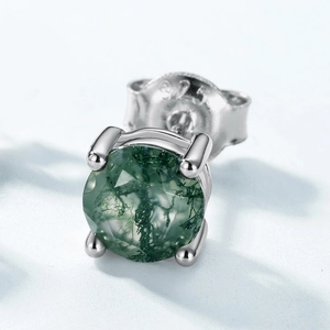 Natural moss agate stud earring in S925 sterling silver with four-prong setting