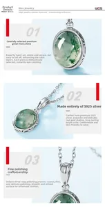 Macro view of natural moss agate oval pendant with intricate S925 silver setting