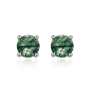 Natural green moss agate stud earrings in S925 sterling silver four-prong setting