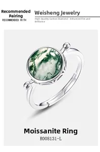 Macro shot of S925 silver ring featuring natural green moss agate and side bead accents