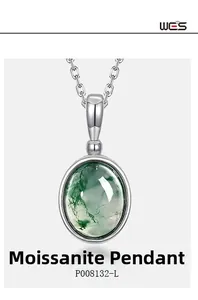 Macro shot of S925 silver moissanite pendant with green moss agate on O-chain P008132-L