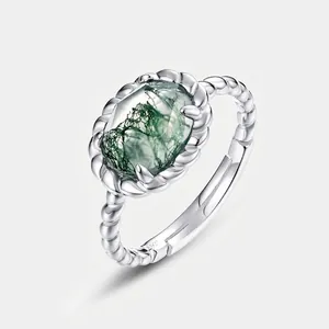 Vintage S925 Sterlingsilber Moosachat Ring Für Damen Verstellbar Grün Naturstein Geflochtene Fassung Oval Schmuck